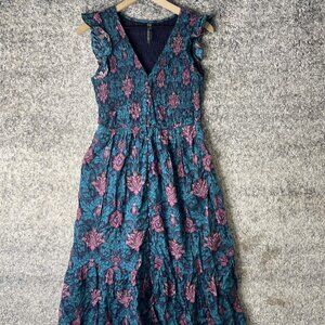 By Anthropologie Dress Womens Small Blue Teal Floral Smocked Flutter Maxi Lined